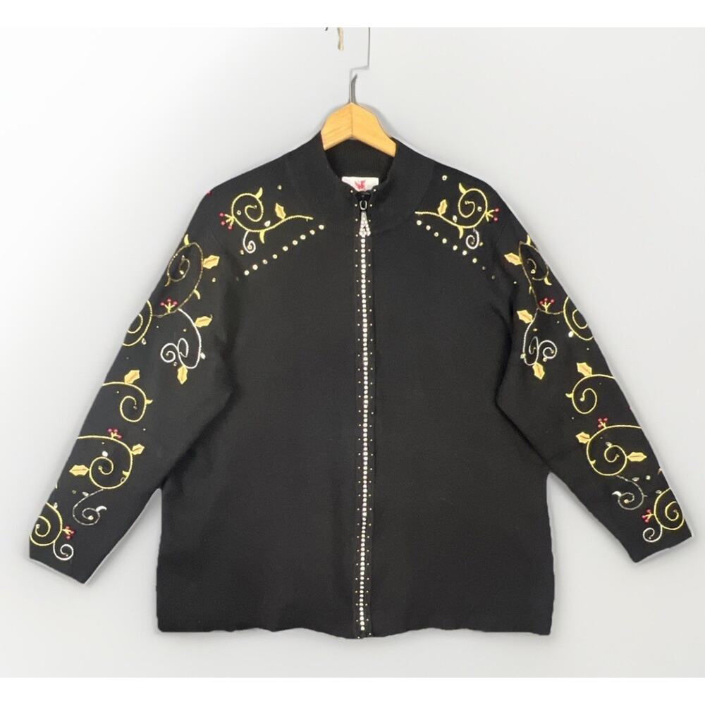 Quacker Factory Cardigan Sweater Full Beaded Zipper Womens 1X Black Sequins